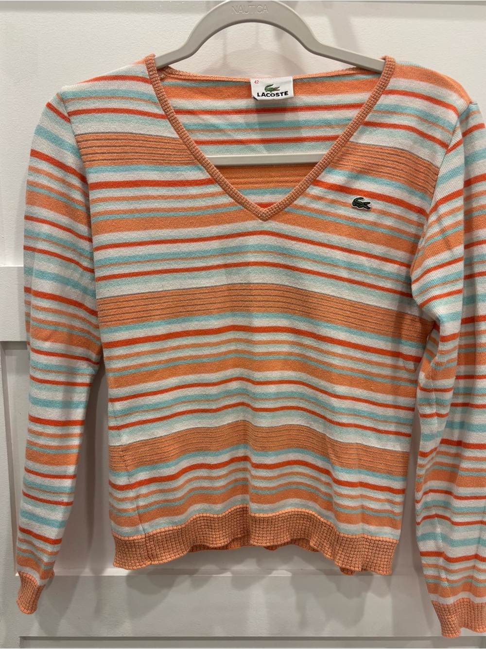 Lacoste Women's Striped V-Neck Sweater in Peach, White & Aqua